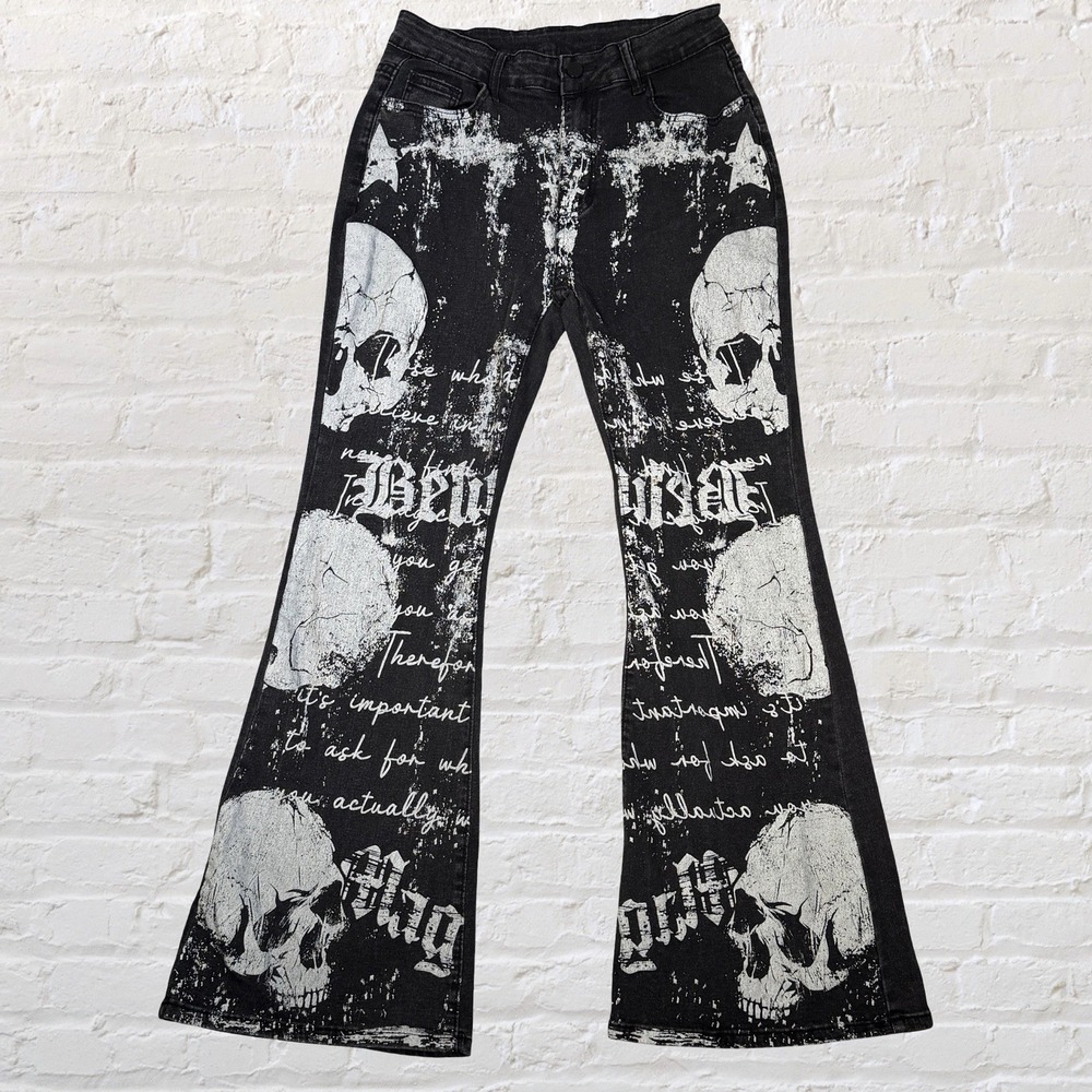 ROMWE Grunge Punk Skull Slogan Print Flared Jeans 28x31 Black Mall Goth Emo Y2K